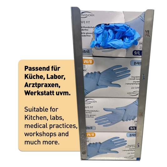 Handschuhhalter/Spender für Einweghandschuhe - 4 Fächer (S, M, L, XL) - Hochwertiger Edelstahl - Made in Germany (Solingen)